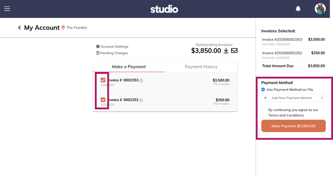 member view - select invoice click make payment